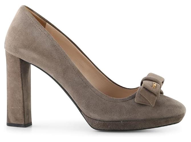Prada Taupe Suede Square Toe Pumps With Bow & Block Heels Grey  ref.792829