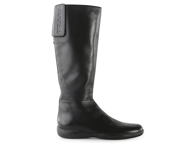 Prada Black Leather Velcro Strap Flat Knee High Boots  ref.792836