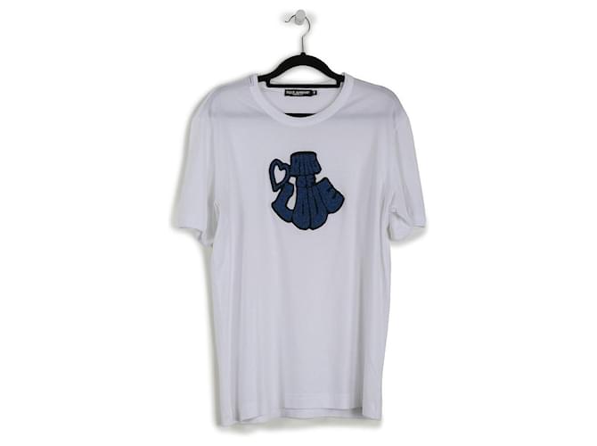 Dolce & Gabbana T-shirt à manches courtes en coton blanc/bleu "King Of Love"  ref.792838