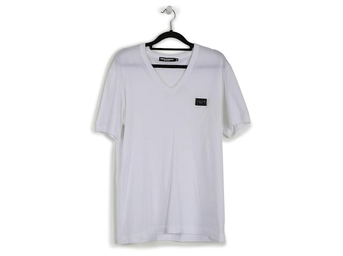 Dolce & Gabbana White Cotton V-Neck Metal Logo Short Sleeves T-Shirt  ref.792842