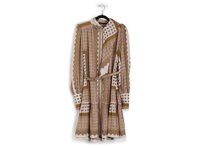 Zimmermann Tan & Beige Printed Silk/Viscose Ruffled Long Sleeves Mini Dress Brown Cellulose fibre  ref.792885