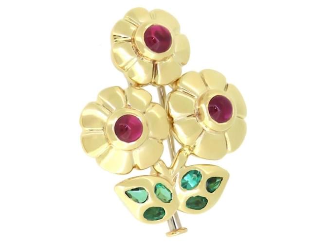 Vintage Cartier 18k yellow gold 750 3p ruby 6P Emerald Flower Brooch with Box Gold hardware  ref.793288