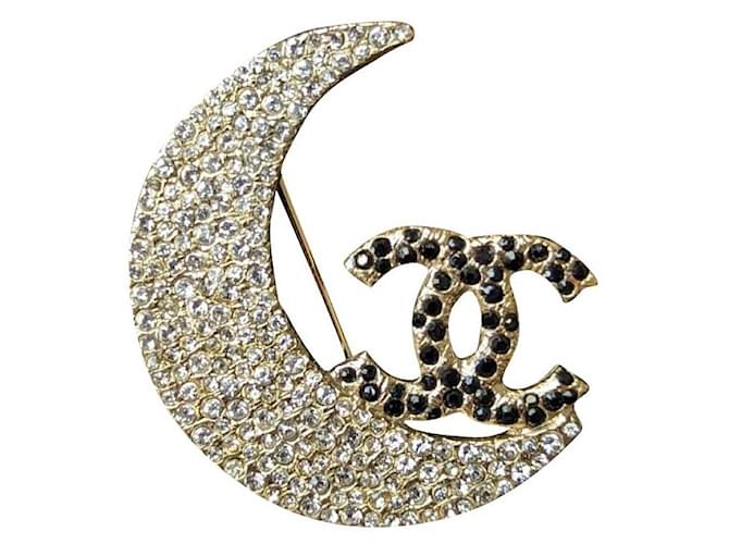Chanel CC 08P Crescent Moon Crystal Logo GHW Brooch RARE Golden