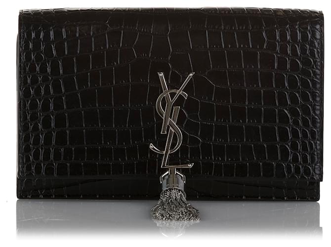 YVES SAINT LAURENT Crocodile Black Leather Silver Chain Clutch