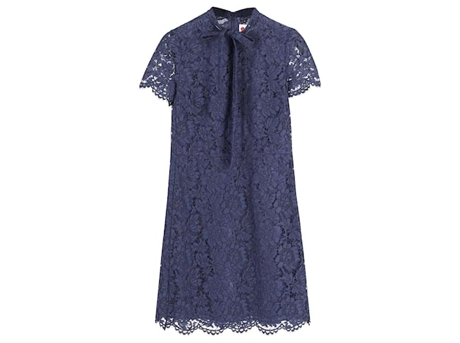 Valentino Neck Lace Shift Dress in Blue Cotton - Joli Closet