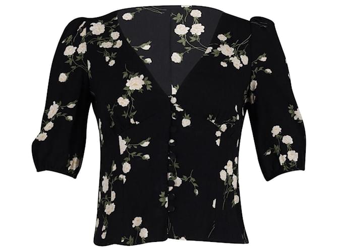 Reformation Puff Sleeve Floral-Print Blouse in Black Cotton  ref.795919
