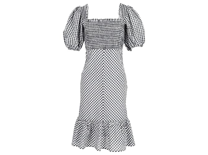 Ganni Smocked Puff Sleeve Gingham Dress in Black and White Polyester  ref.795940