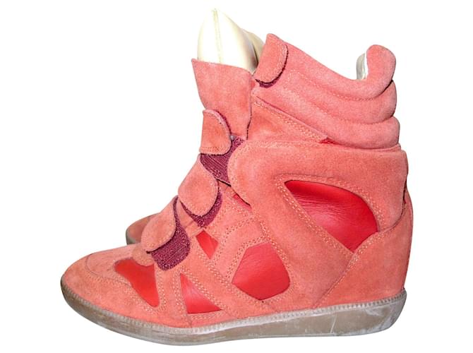Isabel Marant Suede and Leather Bekett High-Top Wedge Sneakers Red  ref.796423