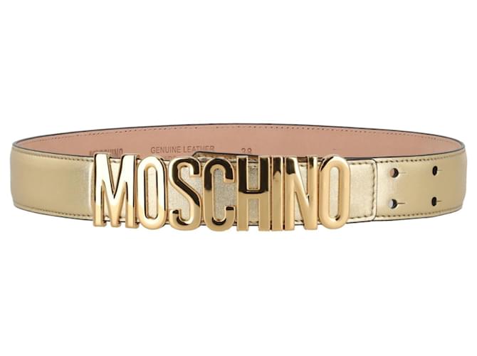 Cintura con logo metallico Moschino D'oro Pelle Vitello simile a un vitello  ref.796665