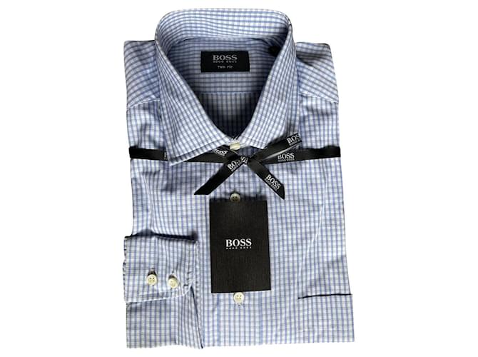 camicia classica di Hugo Boss Bianco Blu chiaro Cotone  ref.796767