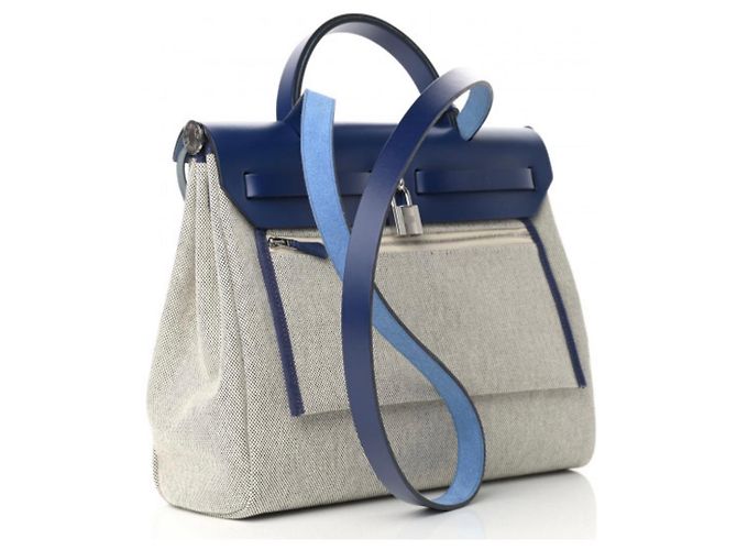 Bolso de mano Hermès Herbag Azul Gris Cuero Algodón