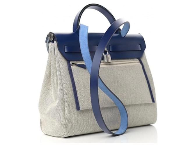 Herbag Hermès Ihre Tasche Blau Grau Leder Baumwolle  ref.797078