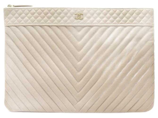 NEW LARGE CHANEL CHEVRON CLUTCH IN CAVIAR BEIGE LEATHER NEW LEATHER POUCH  ref.797195 - Joli Closet