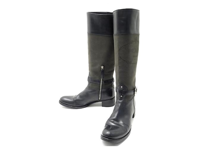 PRADA RIDING BOOTS IN CANVAS AND LEATHER 39 IT 40 FR BLACK LEATHER BOOTS  ref.797225