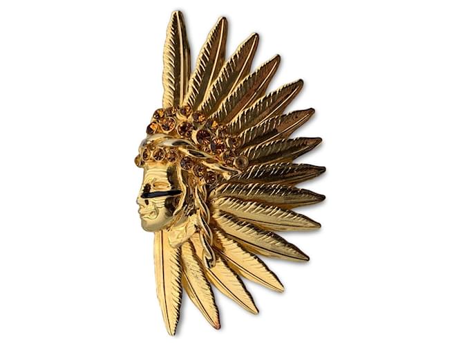 Versace Gianni Rare Gold Metal Native American Indian Crystals Ring Métal Doré  ref.799783