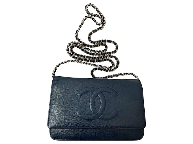 Wallet On Chain Chanel WOC Azul marinho Couro  ref.800808