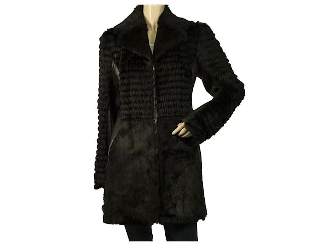 Thes & Thes Black Fur & Leather Long Sleeve Zipper Front Jacket Coat  ref.801061