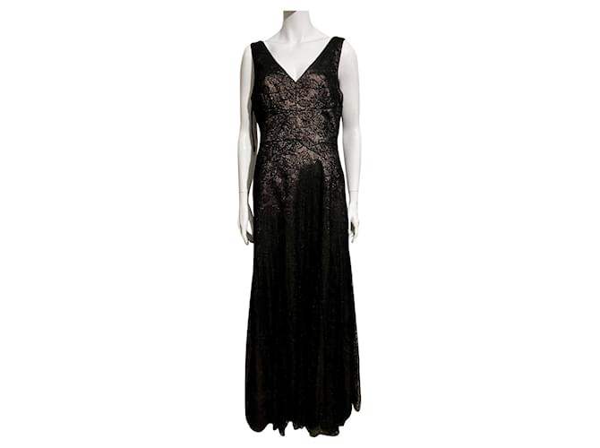 Vestido de noche de encaje y brocado de Vera Wang Negro Dorado Metálico  ref.801735