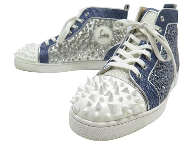 NEW CHRISTIAN LOUBOUTIN LOUIS MIX MID TOP SPIKED DENIM SHOES 45 SHOES Blue Leather  ref.801983