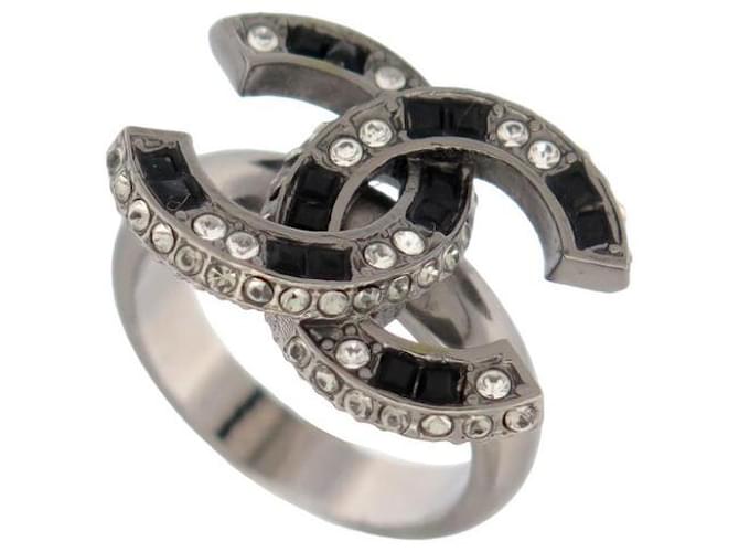 Chanel Chanel Silver Tone CC Logo Ring With Stone