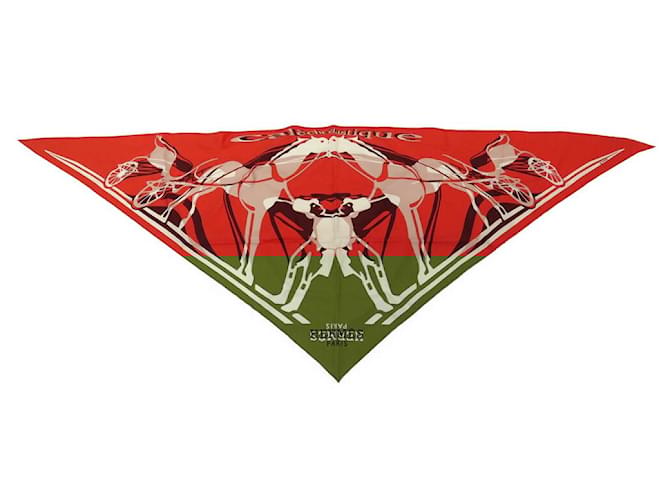 Hermès FOULARD HERMES CALECHE ELASTIQUE BARRET TRANGLE POINTU SOIE ROUGE SILK SCARF  ref.802028