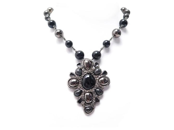 NEW CHANEL NECKLACE 2008 BLACK PEARLS NECKLACE PENDANT Silvery Metal  ref.802052
