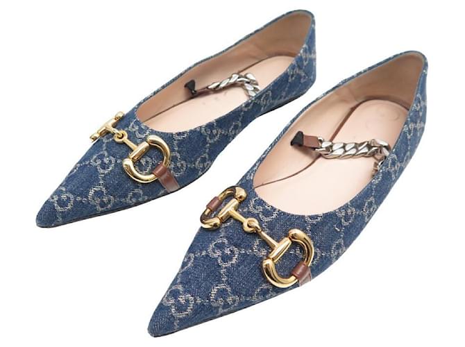 GUCCI GG HORSEBIT BALLERINAS SHOES 39.5 6351012 BLUE DENIM MONOGRAM GG  ref.802071