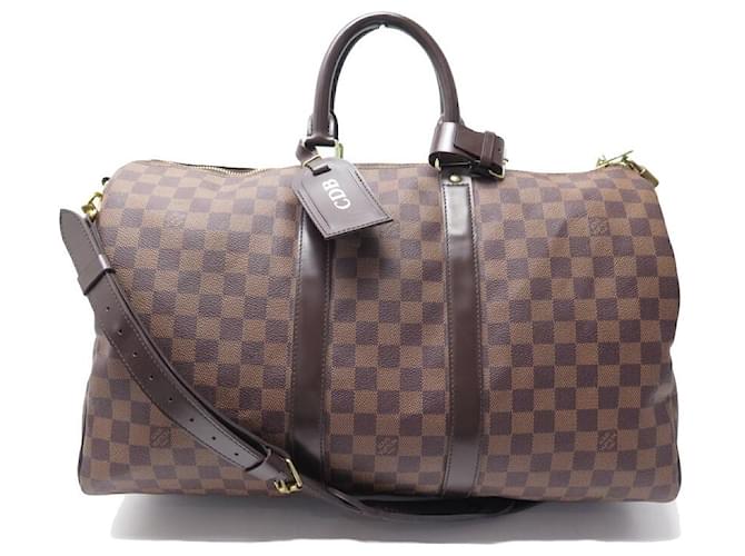 LOUIS VUITTON KEEPALL HAND TRAVEL BAG 45 CHECKED EBONY BAG BANDOULIERE Brown Cloth  ref.802099