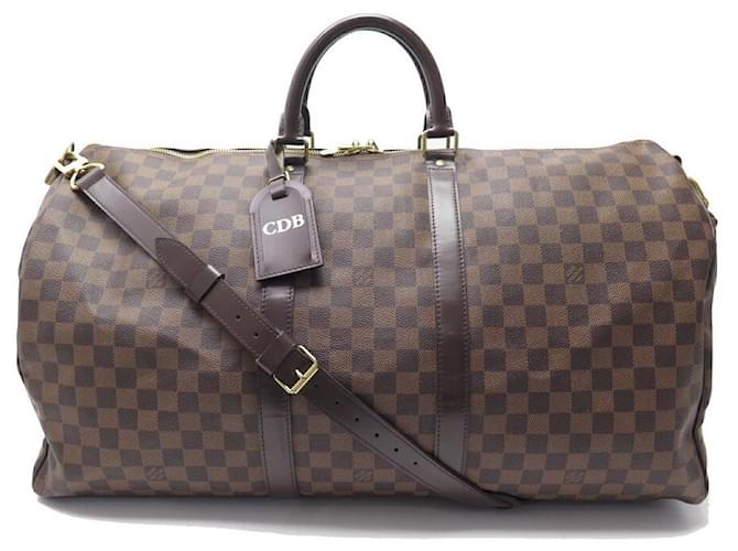 LOUIS VUITTON KEEPALL HAND TRAVEL BAG 55 CHECKED EBONY BAG BANDOULIERE Brown Cloth  ref.802100