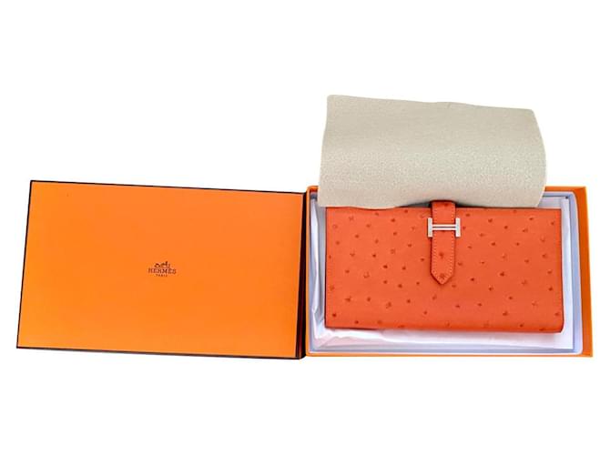 Hermès Billetera Bearn Naranja Cuero de avestruz  ref.802992