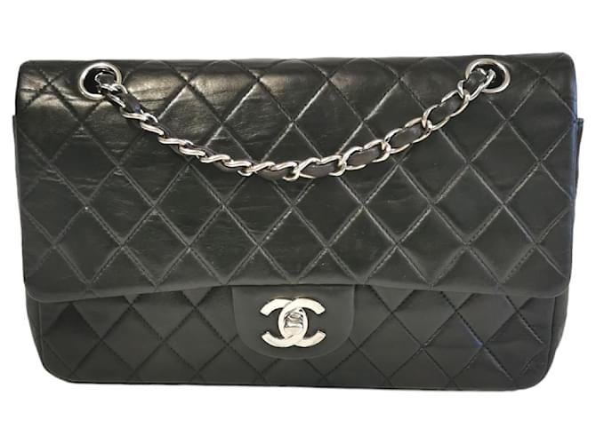 Classique Chanel Classic doublé Flap Medium Noir Agneau Argent Cuir  ref.803013