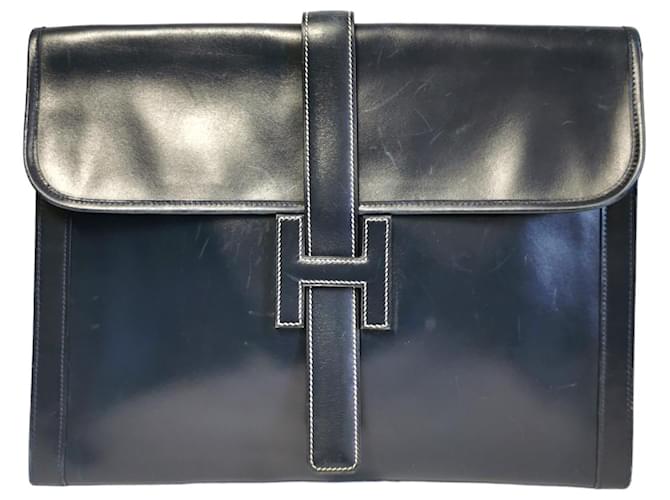 Hermès Clutch Navy Blue Box Calfskin Leather  ref.803015