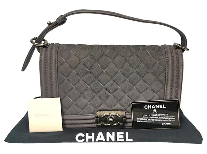 Chanel Boy Medium Grey Suede Ruthenium Leather  ref.803019