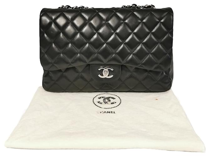 Timeless Chanel Classic Single Flap Jumbo Black Lambskin Silver Leather  ref.803125