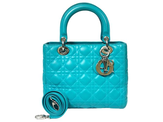 Dior Lady Dior Medium Turquoise Cannage Quilted Leather Silver Grün Leder  ref.803131