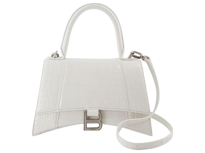Balenciaga Small Hourglass Croc Embossed White Leather Bag New