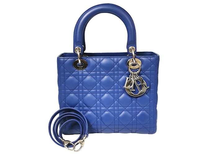 Dior Lady Dior Medium Blue Cannage Quilted Leather Silver  ref.803354