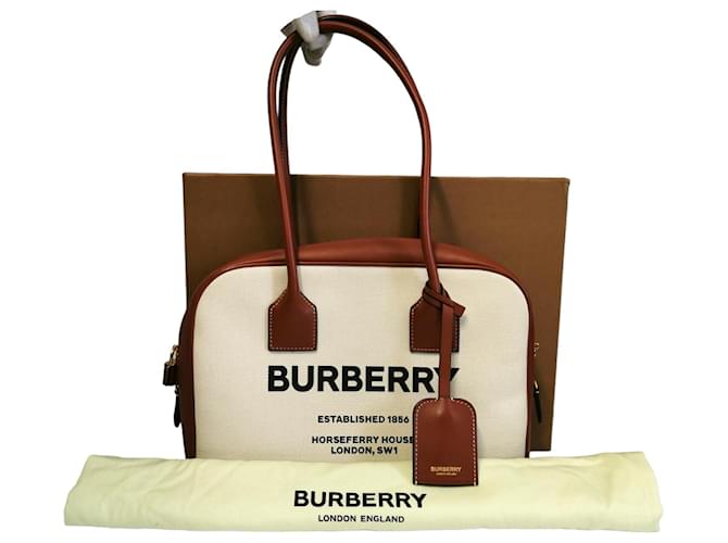 Burberry Handbag White Horseferry Printed Canvas Brown Leather  ref.803357