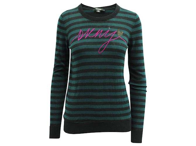 Dkny Black and Green Striped Sweater Wool  ref.803367