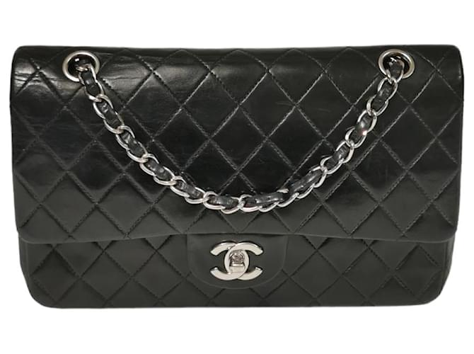 Classique Chanel Classic doublé Flap Medium Noir Agneau Argent Cuir  ref.803476