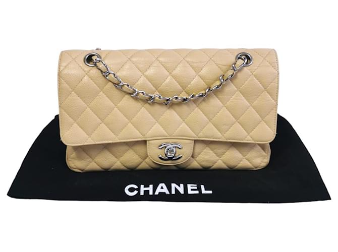 Timeless Flap foderato Chanel Classic Medium Beige Caviar Silver Pelle  ref.803487