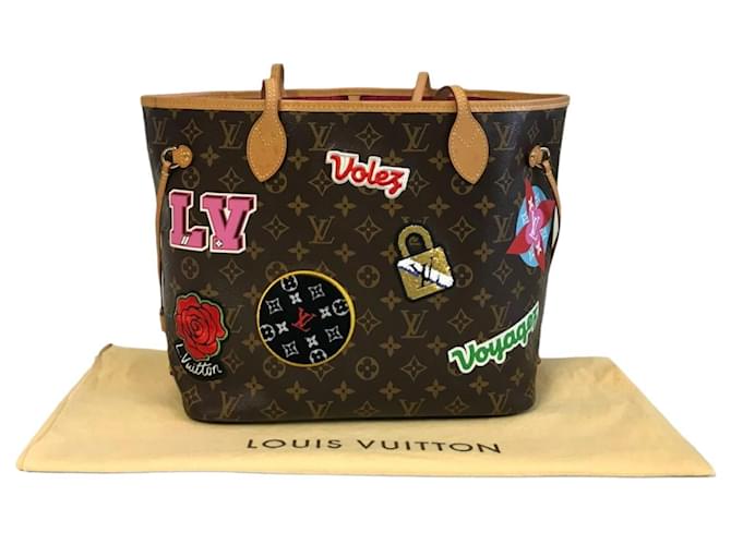 Louis Vuitton Neverfull MM-Monogramm-Segeltuchaufnäher Braun Leder  ref.803562