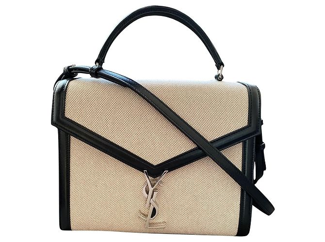 Saint Laurent Cassandra Bolsa de ombro Lona de algodão e Couro preto