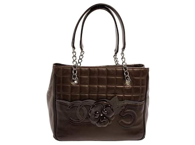 Chanel brown leather chocolate bar no 5 small camellia tote Patent