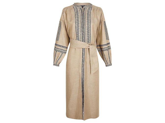 Soeur Promesse besticktes Leinen Midikleid Beige