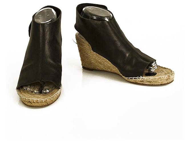 Céline Celine Black Leather Espadrille Wedges Heels Sandals Shoes size 39  ref.805293