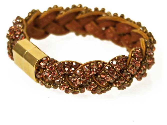 Geflochtenes Armband aus braunem Leder mit Swarovski-Kristallen in Orange und Rot Metall  ref.805315