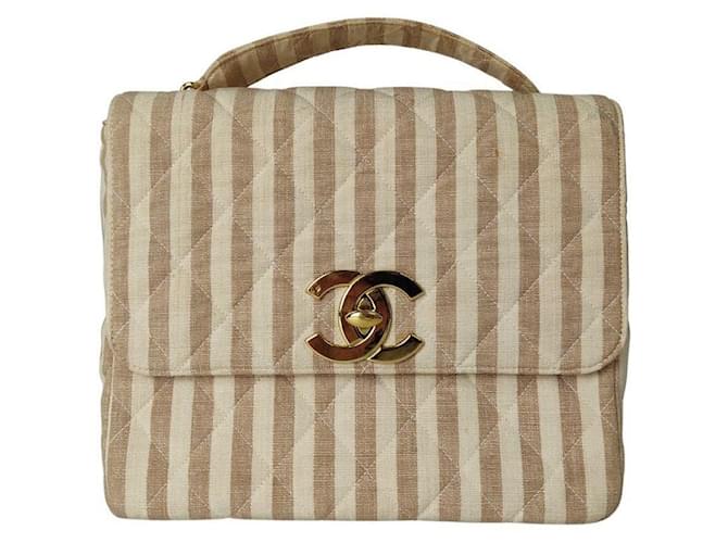 Chanel Vintage Handtasche aus gestreifter Baumwolle Beige Leinwand  ref.805854