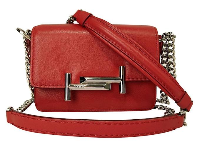 Tod's bolsa tiracolo T forrada em couro vermelho com corrente  ref.806020