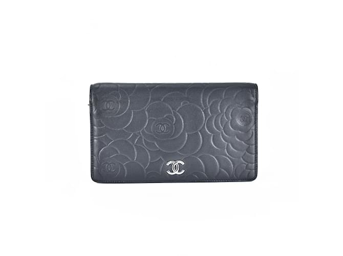 Chanel Camellia Coco Mark Wallet Black Leather Pony-style calfskin  ref.806228